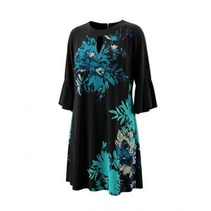 Roz & Ali Womens 1X Black Floral Keyhole Neck‎ Bell Sleeve Dress